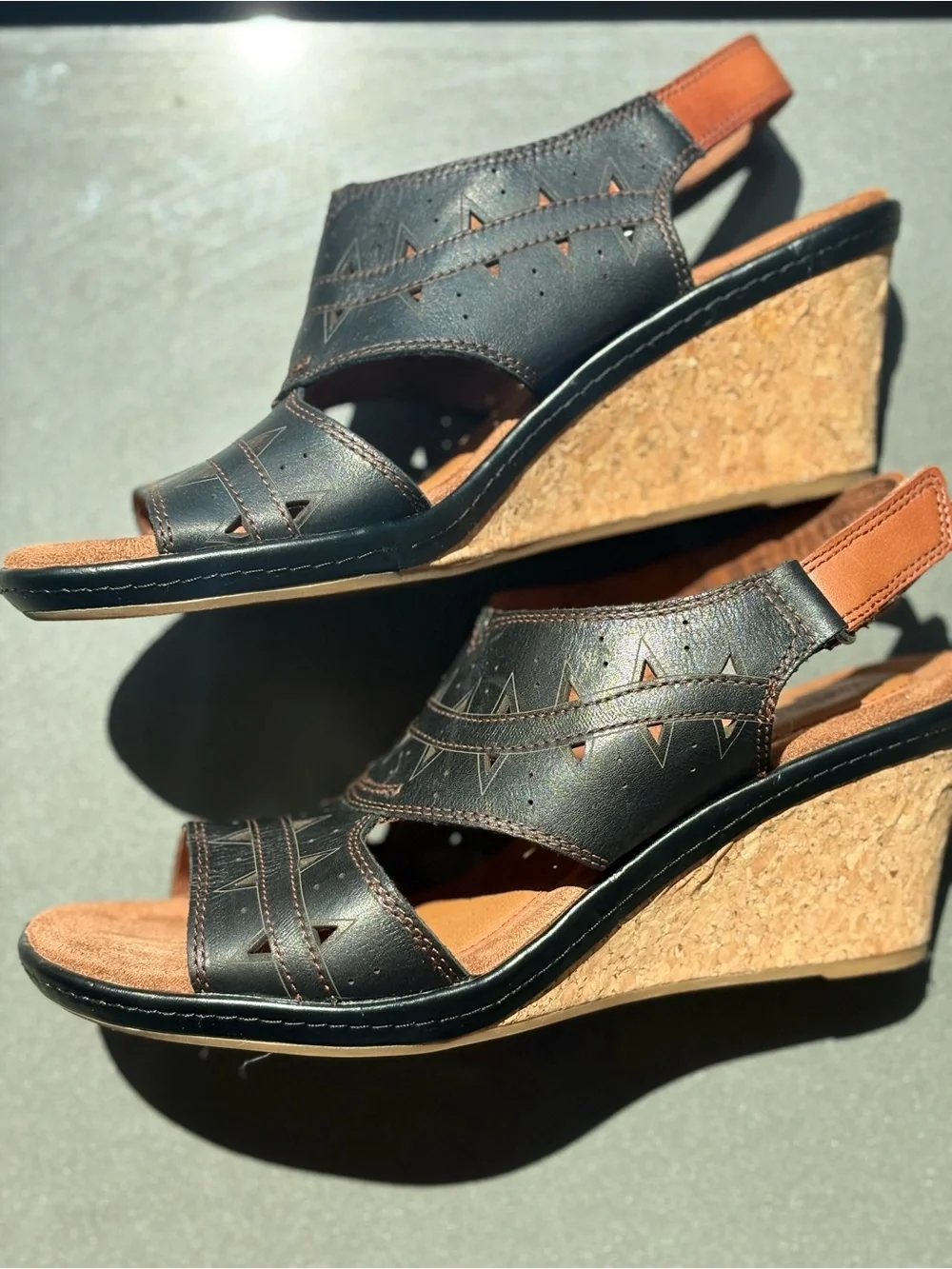 Cobb Hill Janna Perf Slingback Leather Wedge Sandals - Black- size 8